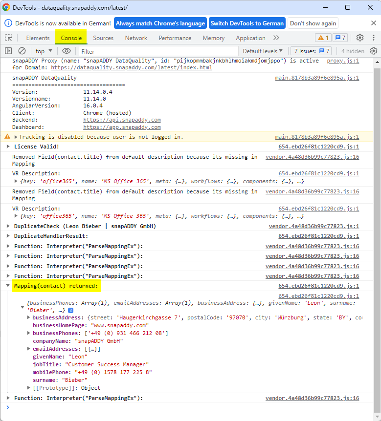 Console log screenshot